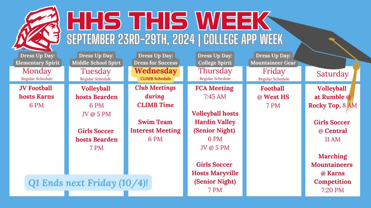 HHSMountaineers's tweet photo. It's College App Week AND our 8th week of Q1! Check out this week's schedule and be sure to check PowerSchool as we near the end of the Q1 grading period. https://t.co/POQAIdDWml