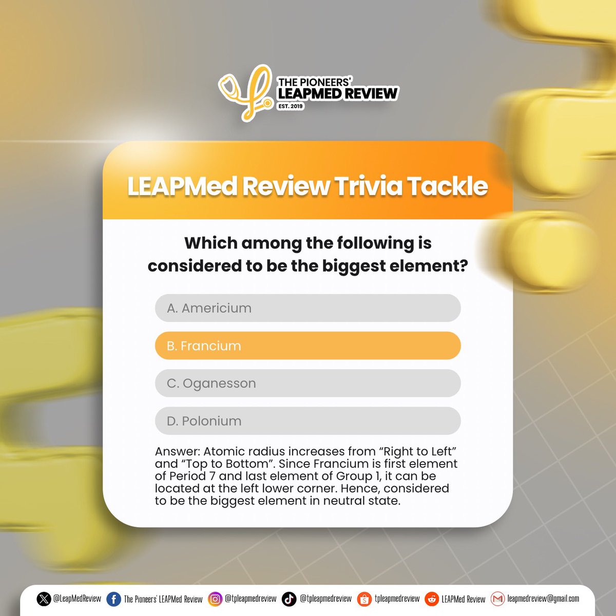 LEAPMedReview's tweet photo. Want to quiz how well you can take on the subjects of the LEAPMed Entrance Examinations? 🤓

Head on to our Instagram Stories/Facebook Updates to participate in our Weeknight quizzes and get your brains riled up as we near the LEAPMed exams! 

#TPLR2025 #leapmedreviewph #leapmed https://t.co/izdYggjC2Z