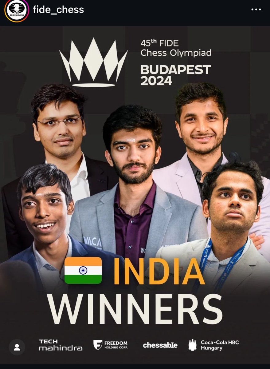 himanshusethi04's tweet photo. India Wins Olympic Gold Medal in Both Men and Women Chess Olympiad. History made !!! @ChessbaseIndia @chesscom @ReheSamay @DGukesh @ArjunErigaisi Congrats to all players and support staff. Indian flags high in Budapest, Hungary. https://t.co/jzP4jhyCX3