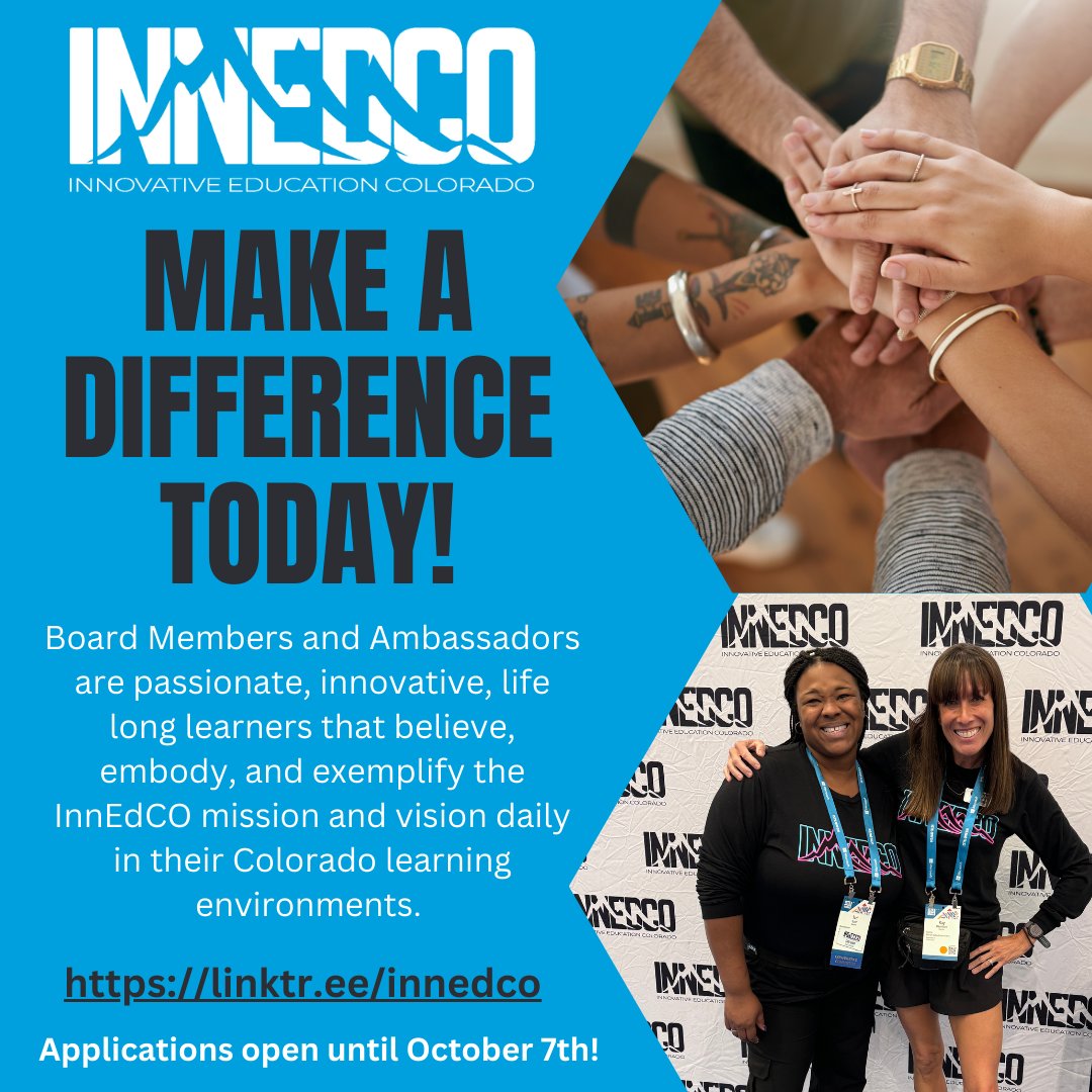InnEdCO (@innedco) on Twitter photo Whether you are the ever important classroom teacher, the astounding school leader, or the determined district coordinator, any one of you can be an <a href="/InnEdCO/">InnEdCO</a> Board Member or Ambassador! Applications open through 10/7/24. Go to linktr.ee/innedco to learn more! #innedco Whether you are the ever important classroom teacher, the astounding school leader, or the determined district coordinator, any one of you can be an <a href="/InnEdCO/">InnEdCO</a> Board Member or Ambassador! Applications open through 10/7/24. Go to linktr.ee/innedco to learn more! #innedco