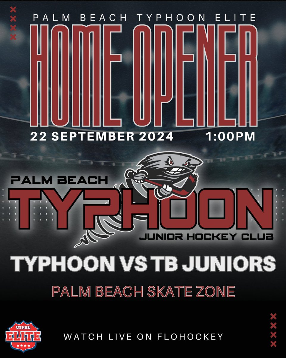 TyphoonPB's tweet photo. Typhoon Elite makes its 2024-2025 home debut this afternoon in a rematch against the Tampa Bay Juniors! #typhoontime #USPHLElite https://t.co/YqJwX9Q6F6