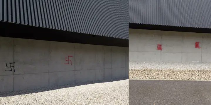 AntifascisteAin's tweet photo. Deux crois gammées ont été tag il y a quelques jours sur le mur du gymnase du lycée d'Ambérieu-en-Bugey. Elles sont désormais recouvertes. https://t.co/oCxaDeP0Fs