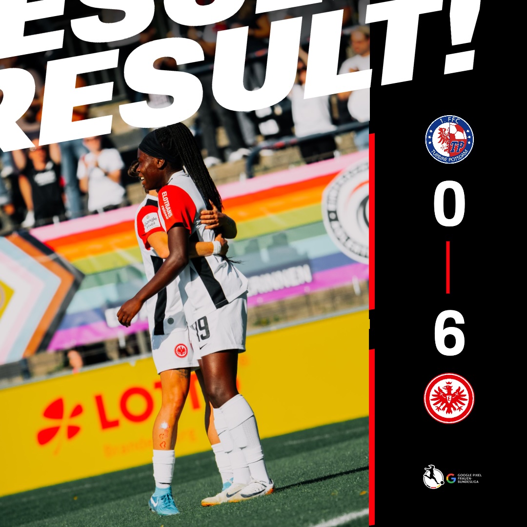 eintrachtint's tweet photo. 𝗘𝗶𝗻𝘁𝗿𝗮𝗰𝗵𝘁 𝗙𝗿𝗮𝗻𝗸𝗳𝘂𝗿𝘁 𝗪𝗼𝗺𝗲𝗻 🦅
YESSSSSSSSS! 🙌
Eintracht Women beat Turbine Potsdam 6-0! 😍
⏱️90' #PDMSGE 0-6 | #SGE | #EintrachtFrauen https://t.co/MVzddC10gK