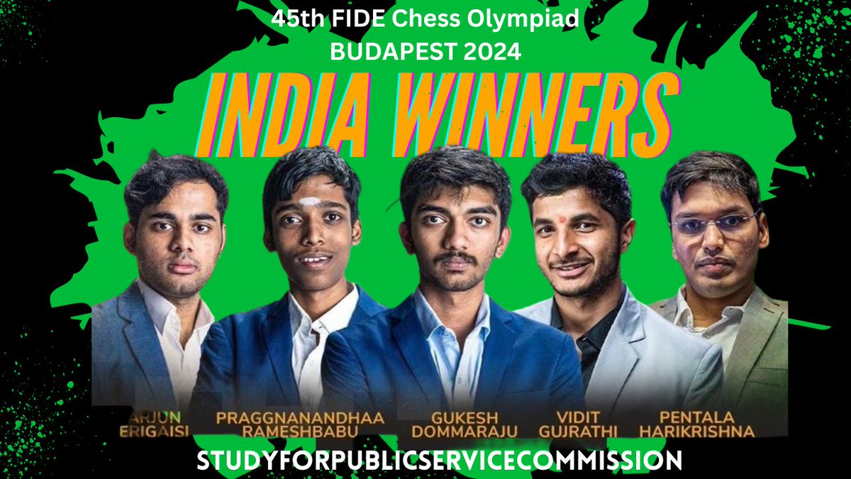 Study4PSC's tweet image. 🇮🇳 India wins the 45th FIDE #ChessOlympiad! 🏆 ♟

Congratulations to Gukesh D, Praggnanandhaa R, Arjun Erigaisi, Vidit Gujrathi, Pentala Harikrishna and Srinath Narayanan (Captain)! 👏 👏

#ChessOlympiad2024 #TeamIndia #studyforpublicservicecommission