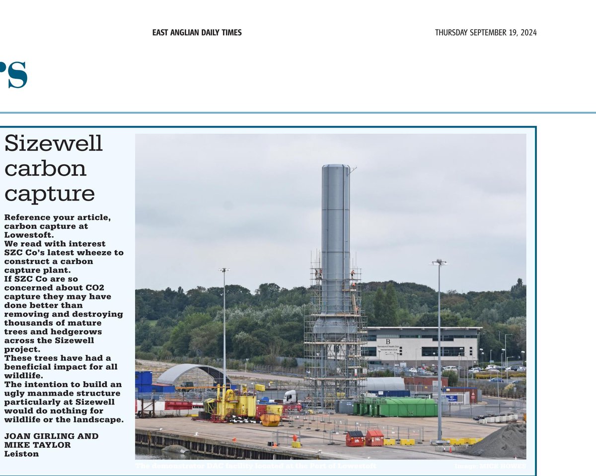 Great letter highlighting Sizewell C's greenwashing of their activities "If Sizewell C Ltd are so concerned about CO2 capture they may have done better than removing &amp; destroying thousands of mature trees &amp; hedgerows across the Sizewell project"
#SayNo2SizewellC