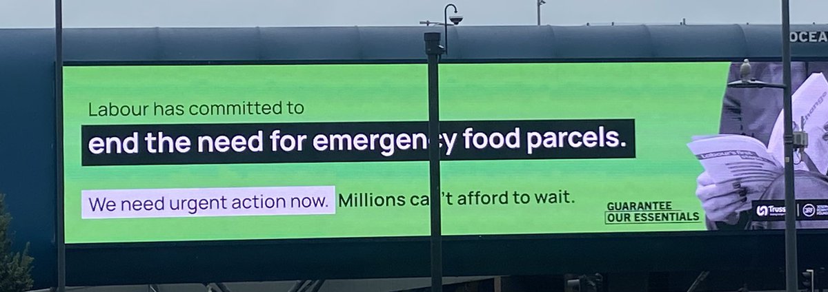 Arrived in Liverpool for the Labour Party Conference to a hearty <a href="/TrussellUK/">Trussell</a> <a href="/jrf_uk/">Joseph Rowntree Foundation</a> welcome - our banner highlighting the government’s historic commitment to end the need for emergency food, and the need for urgent action this October!