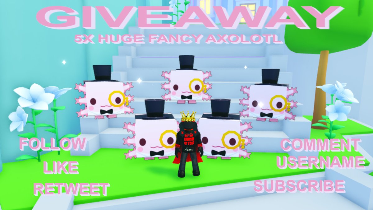 😎GiveAway: 5x Huge Fancy Axolotl😎

➡️Follow, Like and Retweet
➡️Comment Username
➡️SUB: youtube.com/@sparkleking20

GiveAway ends Sunday, September 29, 2024.

5 Random winners will be selected through Twitterpicker.

🍀Good Luck!🍀

#ROBLOX #PetSimulator99 #PS99