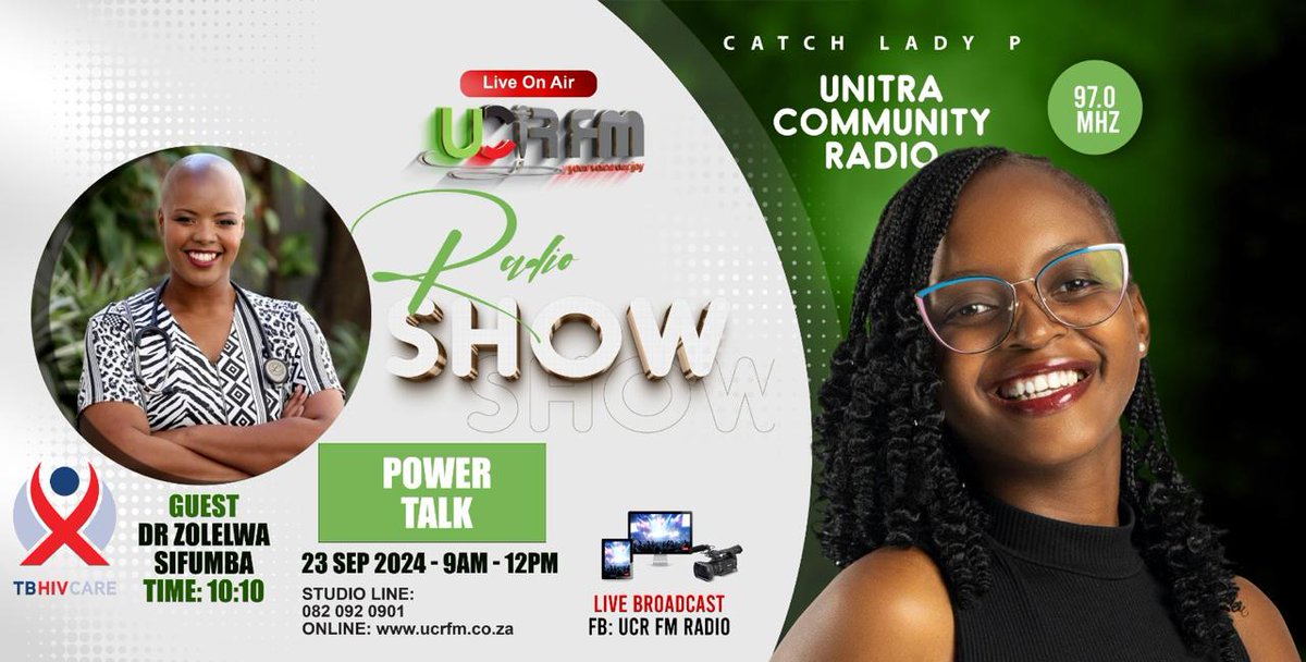 TBHIVCare's tweet photo. Catch TB HIV Care's Dr. Zolelwa Sifumba live tomorrow on 'Power Talk' with Lady P, where she'll be discussing topics: TB & TUTT. 📻
See more details below. ⬇️
#radiointerview #tb #tutt #live
@UCR_FM https://t.co/5VZtFwdQH9