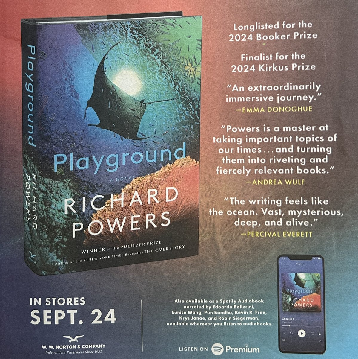 Edoardo Ballerini (@edoballerini) on Twitter photo Class act <a href="/wwnorton/">W. W. Norton & Company</a> & <a href="/Spotify/">Spotify</a> naming the narrators for #RichardPowers latest in this full page <a href="/nytimesbooks/">New York Times Books</a> ad. Available everywhere Sept 24th. Class act <a href="/wwnorton/">W. W. Norton & Company</a> & <a href="/Spotify/">Spotify</a> naming the narrators for #RichardPowers latest in this full page <a href="/nytimesbooks/">New York Times Books</a> ad. Available everywhere Sept 24th.