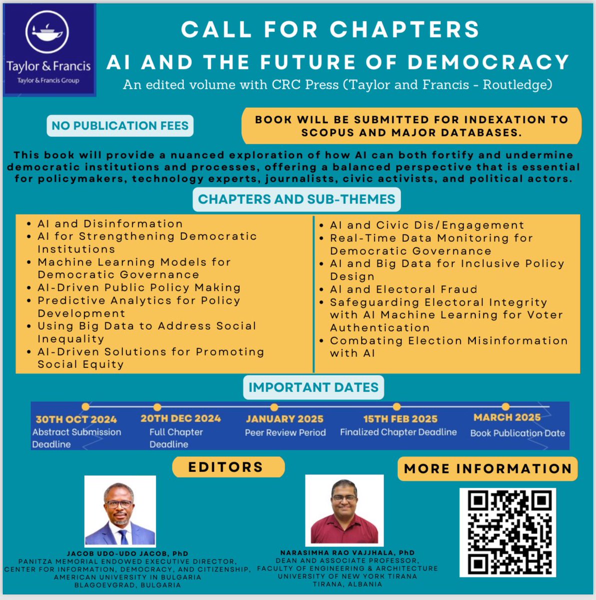 Jakes247's tweet photo. 📢 Call for Chapters! 📚
We are excited to announce an upcoming book, “AI and the Future of Democracy” (Routledge). This volume will explore how AI can both strengthen and challenge democratic institutions and processes. We seek contributions from academics, policymakers, tech experts, journalists, activists, and political actors to provide a balanced perspective on this critical topic.

🗓️ Important Dates:
- Abstract Submission: October 30
- Draft Chapter Submission Deadline: December 20, 2024
- Peer Review: January 2025
- Final Chapters Due: February 15, 2025

👉 For more info, visit https://t.co/kEjLFO3FtX 

Join us in shaping the conversation on AI and democracy! #AI #Democracy #CallForChapters 
@NRaoVajjhala