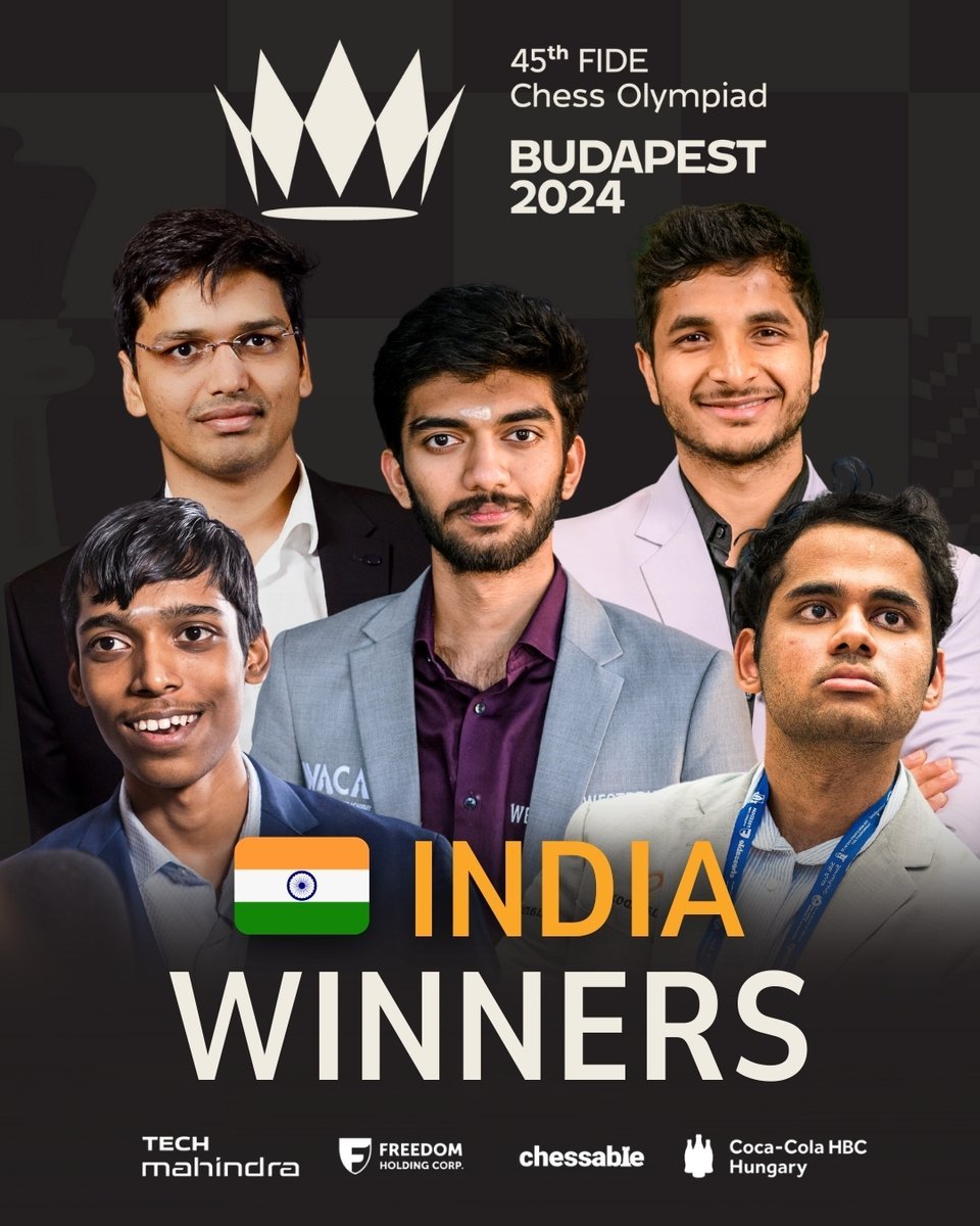 DDNewslive's tweet photo. #BreakingNews‌ | 𝗛𝗜𝗦𝗧𝗢𝗥𝗜𝗖 𝗠𝗔𝗜𝗗𝗘𝗡 𝗚𝗢𝗟𝗗 𝗙𝗢𝗥 𝗜𝗡𝗗𝗜𝗔!🇮🇳🥇

Indian men and women win maiden gold medals in the Open category at #ChessOlympiad2024 

@FIDE_chess https://t.co/cwyEunVaut