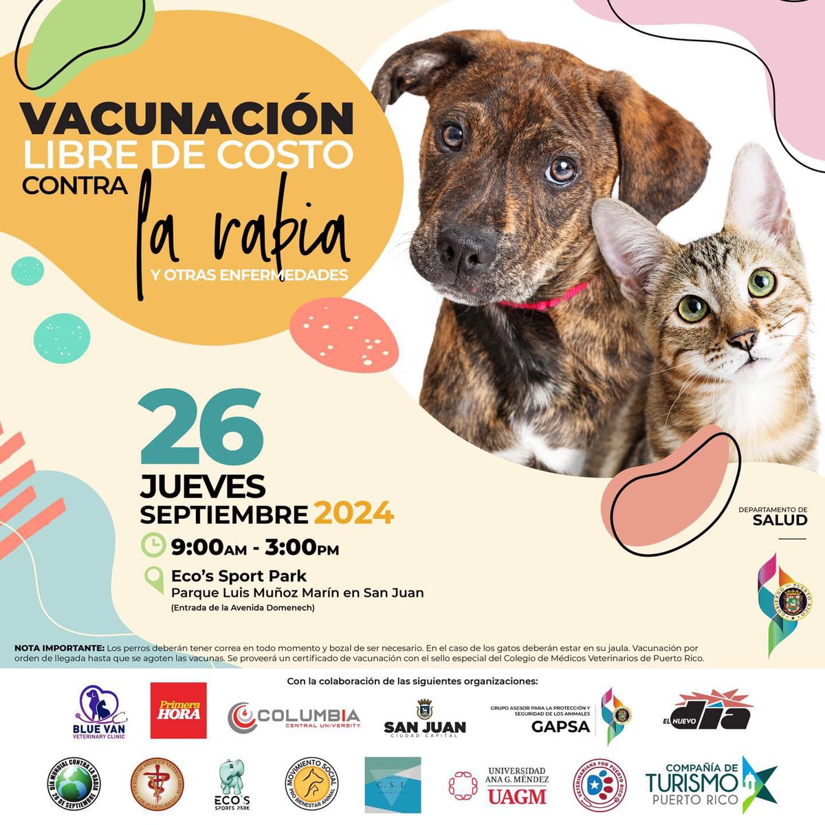 PRGAPSA's tweet image. ¡Vacunación gratis! Este jueves, 26 de septiembre, lleva a tu mascota a recibir vacunación libre de costo contra la rabia y otras enfermedades. 🐶🐱 Nos vemos en el Eco's Sports Park de 9:00 AM a 3:00 PM. ¡Protege la salud de tus peludos! 🐾