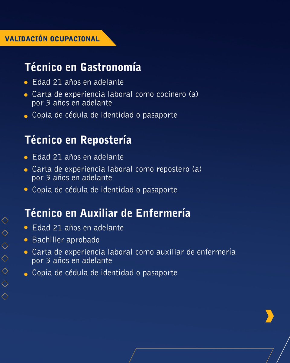 InfotepRD's tweet photo. ¿Eres experto/a en algún área pero no tienes un título o certificado que lo avale?

En #INFOTEP tenemos disponible el servicio de Validación ocupacional, mediante el cual reconocemos los conocimientos, habilidades y destrezas previas que posee la persona, independientemente de la forma en que hayan sido adquiridos, para el desempeño de una ocupación, oficio o actividad económica. Para esto, toma de referente a los programas estandarizados de la institución.

Solo debes acudir al centro nuestro de la Región Cibao Sur, más proximo a tu zona de residencia, y deposita tu solicitud con los requisitos especificados en las imagenes de este post.