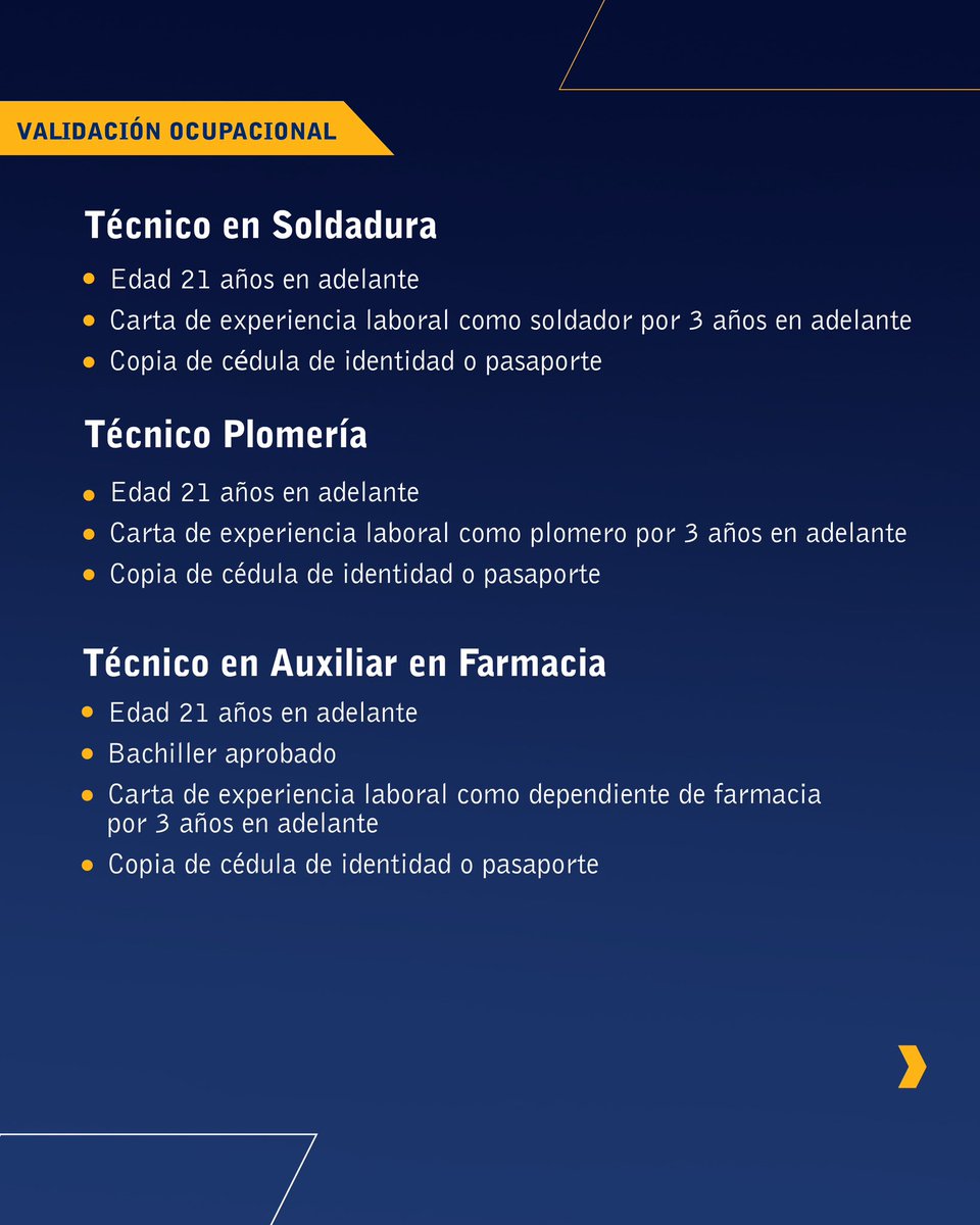 InfotepRD's tweet photo. ¿Eres experto/a en algún área pero no tienes un título o certificado que lo avale?

En #INFOTEP tenemos disponible el servicio de Validación ocupacional, mediante el cual reconocemos los conocimientos, habilidades y destrezas previas que posee la persona, independientemente de la forma en que hayan sido adquiridos, para el desempeño de una ocupación, oficio o actividad económica. Para esto, toma de referente a los programas estandarizados de la institución.

Solo debes acudir al centro nuestro de la Región Cibao Sur, más proximo a tu zona de residencia, y deposita tu solicitud con los requisitos especificados en las imagenes de este post.