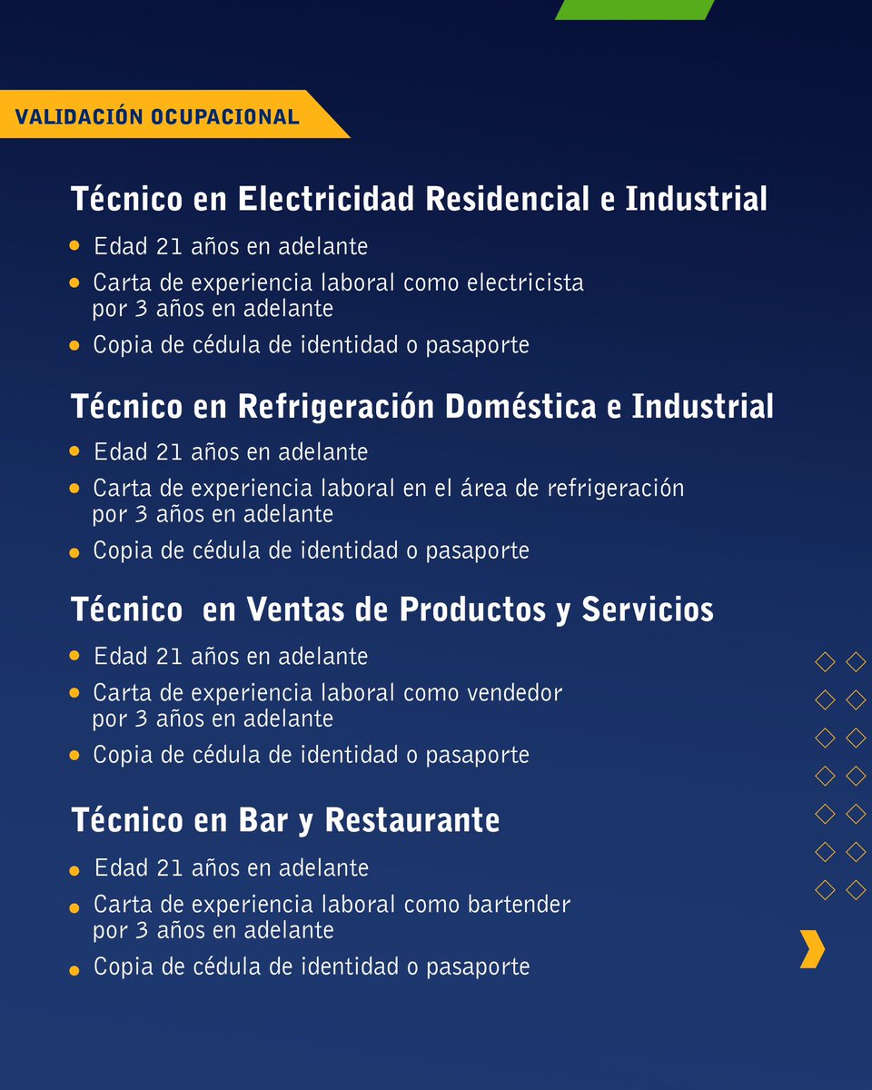 InfotepRD's tweet photo. ¿Eres experto/a en algún área pero no tienes un título o certificado que lo avale?

En #INFOTEP tenemos disponible el servicio de Validación ocupacional, mediante el cual reconocemos los conocimientos, habilidades y destrezas previas que posee la persona, independientemente de la forma en que hayan sido adquiridos, para el desempeño de una ocupación, oficio o actividad económica. Para esto, toma de referente a los programas estandarizados de la institución.

Solo debes acudir al centro nuestro de la Región Cibao Sur, más proximo a tu zona de residencia, y deposita tu solicitud con los requisitos especificados en las imagenes de este post.