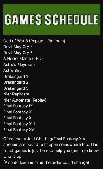 Itaytan_'s tweet photo. Been a while since I posted anything here (I kind of forgot Twitter's a thing+I'm addicted to FFXIV) but I'd like to let you know there's now a game schedule on Twitch page so we'll all know what's up! https://t.co/Zb6FWXXo0t
