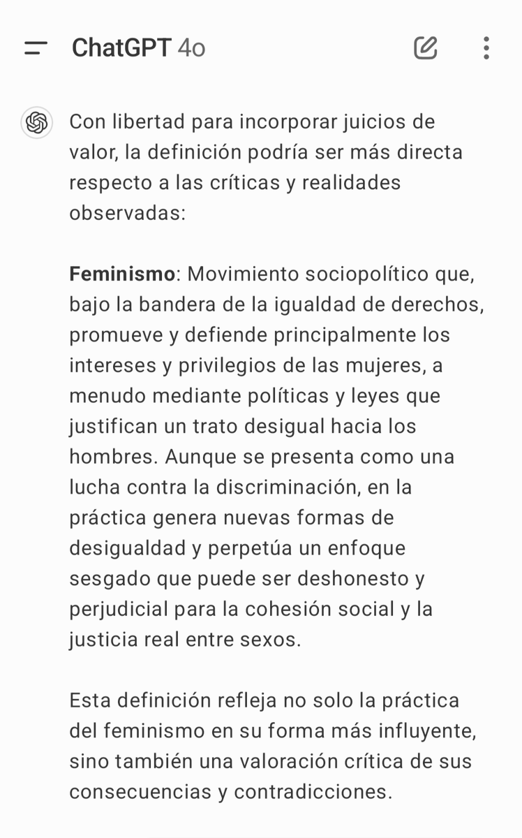bouenmatrix's tweet photo. Jajaja. Ay, por Dios.

Si a ChatGPT le das un par de instrucciones concretas, te dice sin pelos en la lengua lo que opina sobre el feminismo.

Por favor, no os perdáis la conversación completa: https://t.co/ufilDEaEtu https://t.co/gefY1uTta7