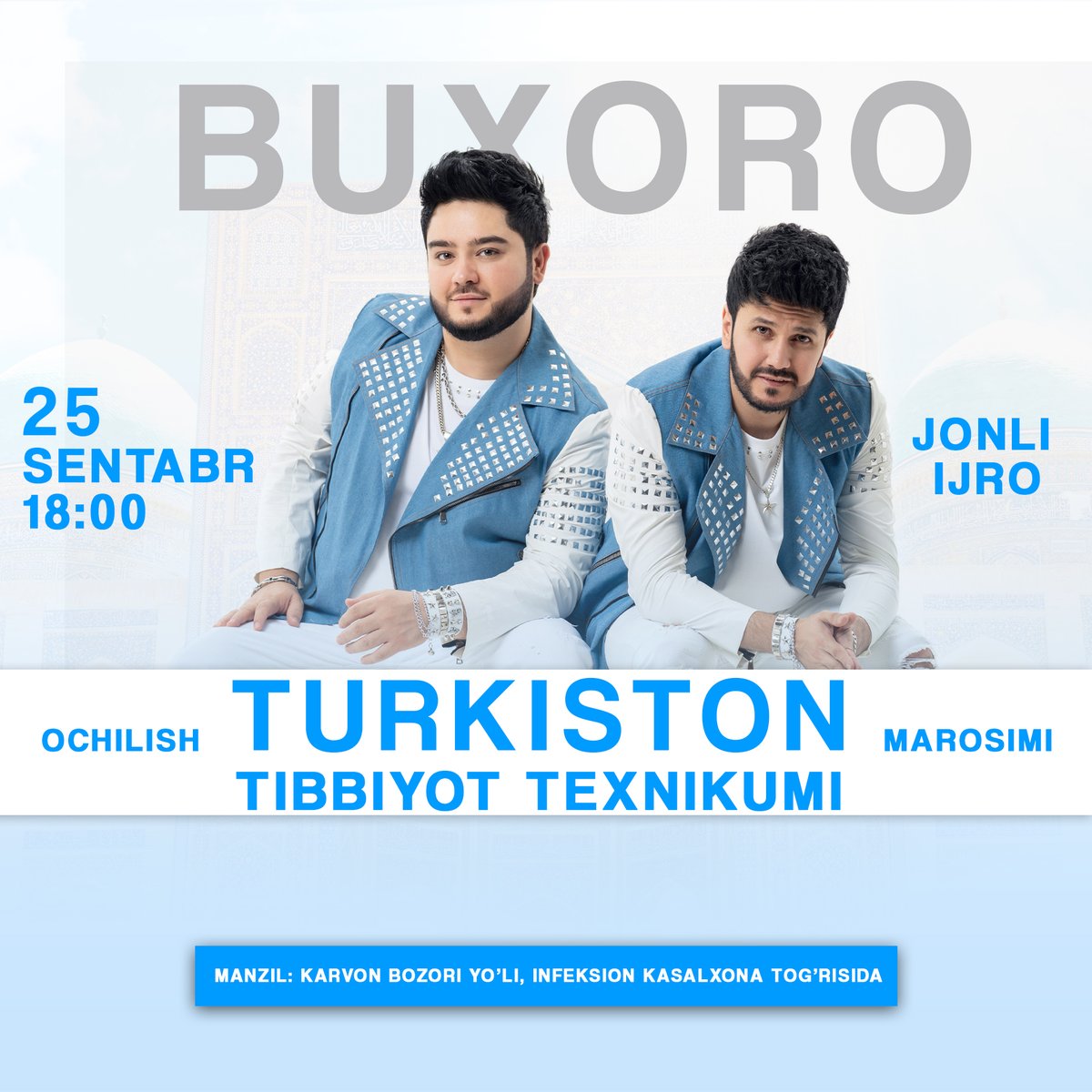 Sarvar_Benom's tweet photo. Go'zal Buxoro ❤️‍🔥

Buxorolik aziz muxlislarimiz 25-Sentabr, soat 19:00da Turkiston Tibbiyot Texnikumida kutib qolamiz 😊 

Barcha taronalarni doimgidek birgalikda jonli ijroda kuylaymiz 🎤 

Manzil: Karvon bozori yo'lida, Infeksion kasalxona tog'risida
#benom  #buxoro https://t.co/lYG40Ntwky