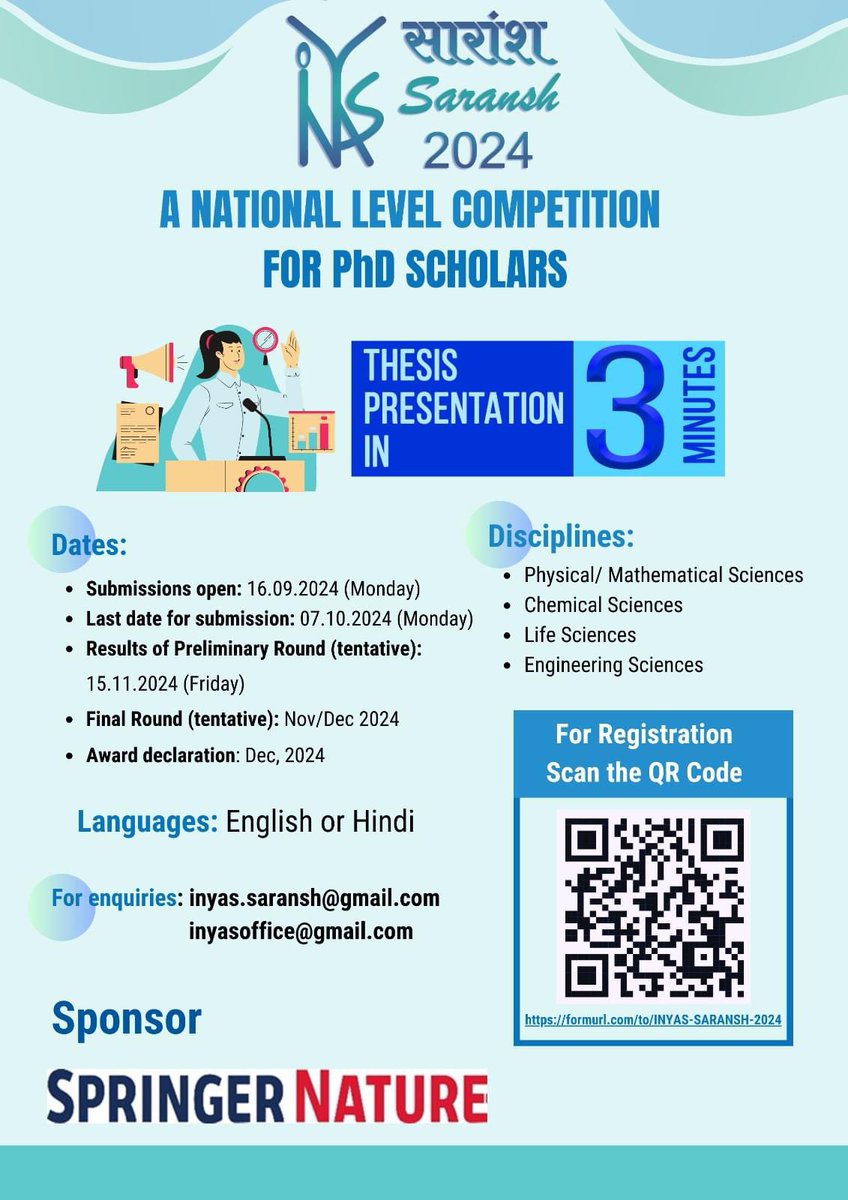 🌟 Exciting News from INYAS! 🌟

We are thrilled to announce the 4th edition of Saransh – Thesis Competition for PhD students! 
<a href="/INYAS_INSA/">Indian National Young Academy of Sciences (INYAS)</a>