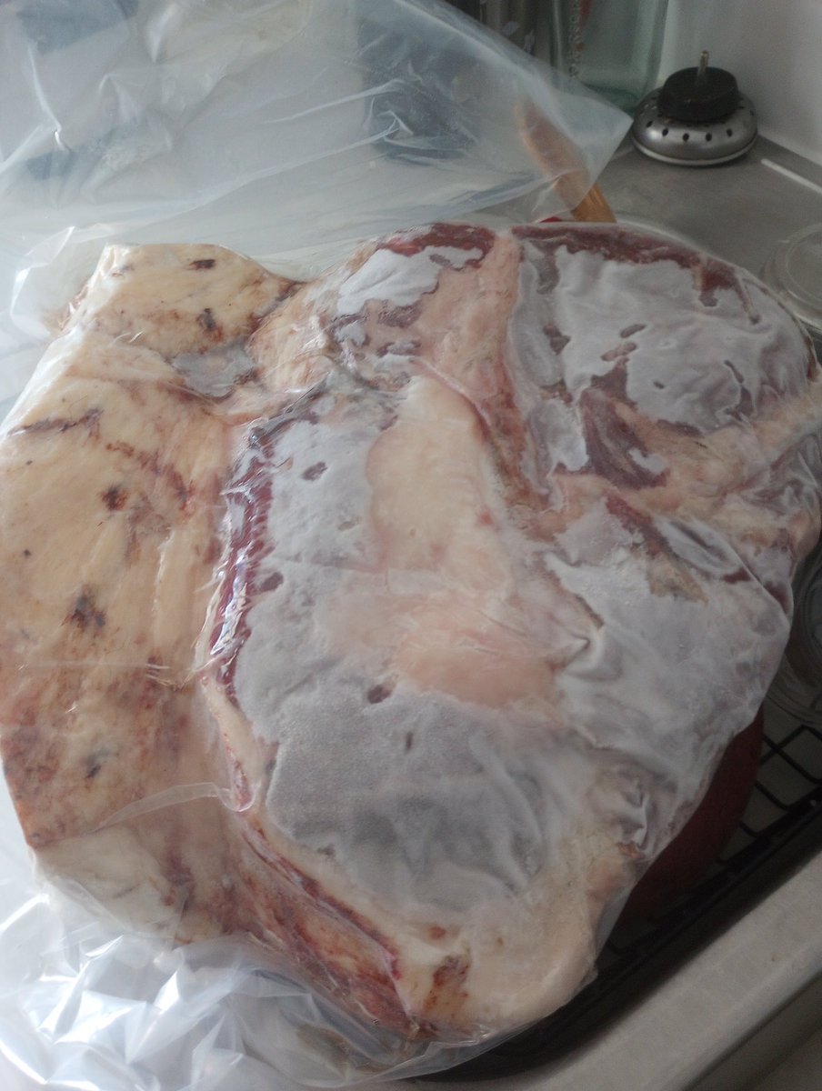 TheBigRuss77's tweet photo. 2-3 days from now, we'll be enjoying some brisket from the cow we bought. The process has begun. #food #brisket #meat #NotAVegan https://t.co/6dNPxafHr2