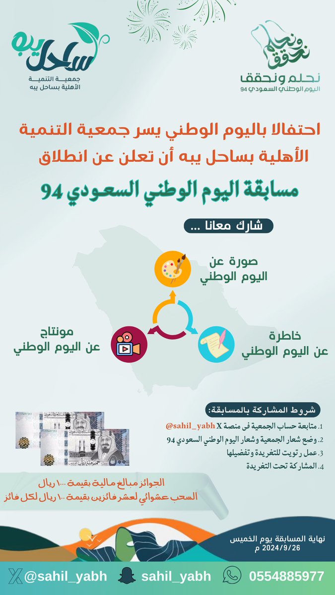 sahil_yabh's tweet photo. احتفالاً باليوم الوطني يسّر جمعية التنمية الأهلية بساحل يبه أن تعلن عن انطلاق مسابقة اليوم الوطني السعودي 94 شاركوا معانا .. 

#اليوم_الوطني_السعودي94 
#جمعية_التنمية_الأهلية_بساحل_يبه https://t.co/shfA3mU1CG