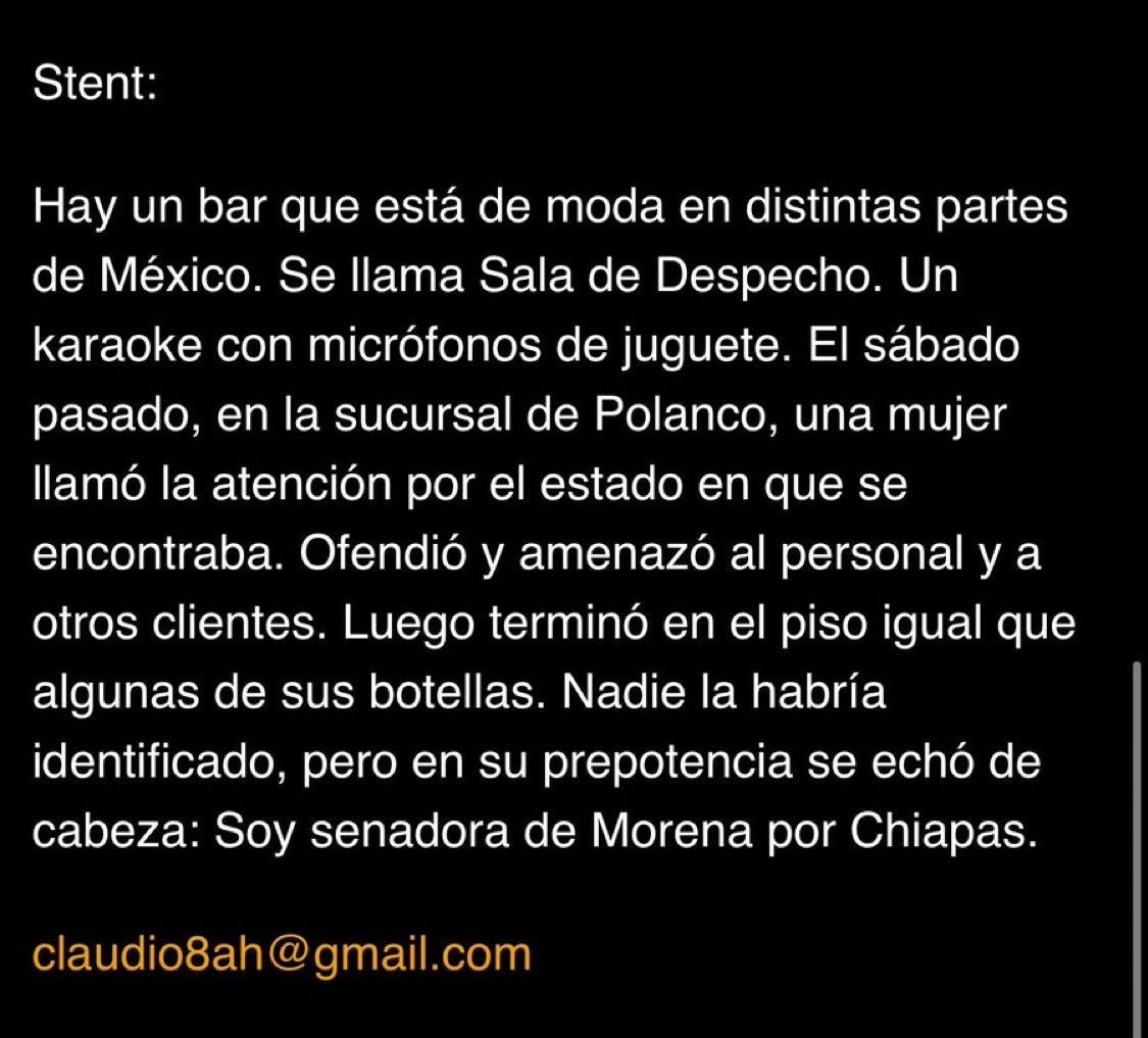 vampipe's tweet photo. Esto escribió en su columna @ClaudioOchoaH sobre cierta “senadora de morena” alcoholizada que amenazaba a clientes y personal en “La Sala del Despecho”.

Me pregunto si se refieren a @sasildeleon que entre los clientes estaba @ChumelTorres y que SÍ HAY VIDEO…. https://t.co/P5457sUJdl
