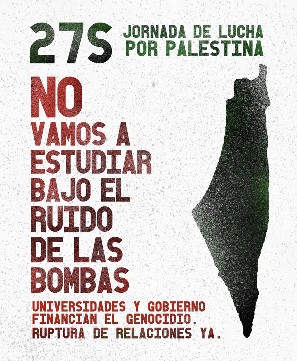 Este 27S: jornada de lucha por Palestina 🇵🇸🔥

No vamos a estudiar bajo el ruido de las bombas. Nuestras universidades y gobiernos financian el genocidio. Queremos una ruptura total de relaciones ✊🏽

Atenta al resto de actividades que iremos sacando ❤️‍🔥
