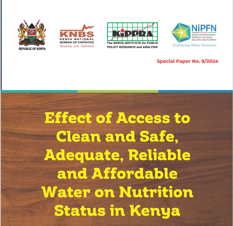 The <a href="/nipfnkenya/">National Information Platform for Food & Nutrition</a> study reveals that having sufficient drinking water at the household level significantly reduces child stunting.  Adequacy of water of 20-49 L per person per day as opposed to below 20L lowers the probability of stunting by 6.3% points. nipfn.kippra.or.ke/download/effec…