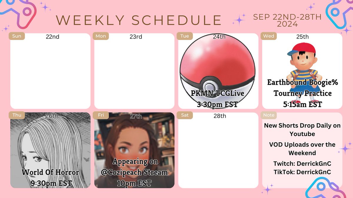 🎮 This Week We Stay Spooky:
Tues 3:30pm: PKMN TCGLive
Wed 5:15am: Earthbound Boogie%
Thur 9:30: World of Horror
Fri 10pm: Appearing on 
@CoziCreatives
 stream

Don't miss out! #Speedrun #RPG