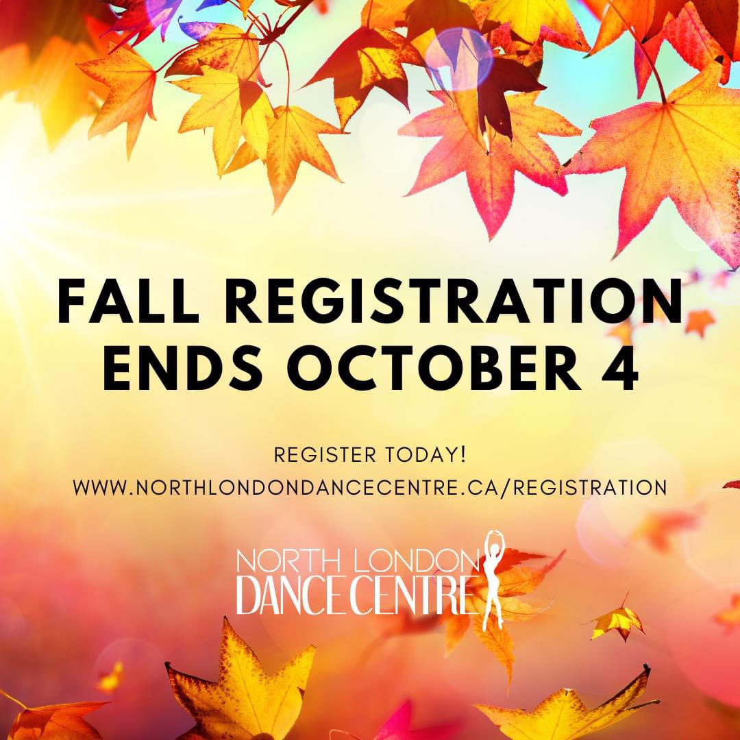 🌟 Fall into fun! 🍂 Registration for all classes (except toddlers &amp; adults) closes on October 4! Don’t miss your chance to dance from now until December 13! 💃✨

Sign up today: northlondondancecentre.ca/registration