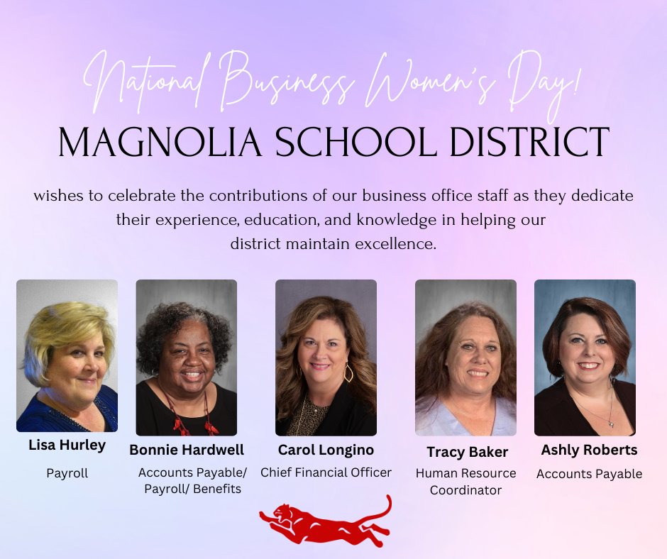 Magnolia_SD's tweet photo. Happy National Business Women's Day to the Magnolia School District's Business Office Team! The district is blessed to have a team of highly trained office professionals who help our district maintain excellence and continue to #winforkids! #itsagreatdaytobeapanther https://t.co/rTEtS1vYzm
