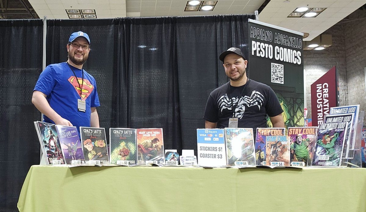 pestocomics's tweet photo. Last day at Hamilton Comic Con! We're easy to find as soon as you walk in!

#hamiltoncomiccon #comics #comiccon #indiecomics @Hamiltoncomic https://t.co/QVLHzMlFbJ