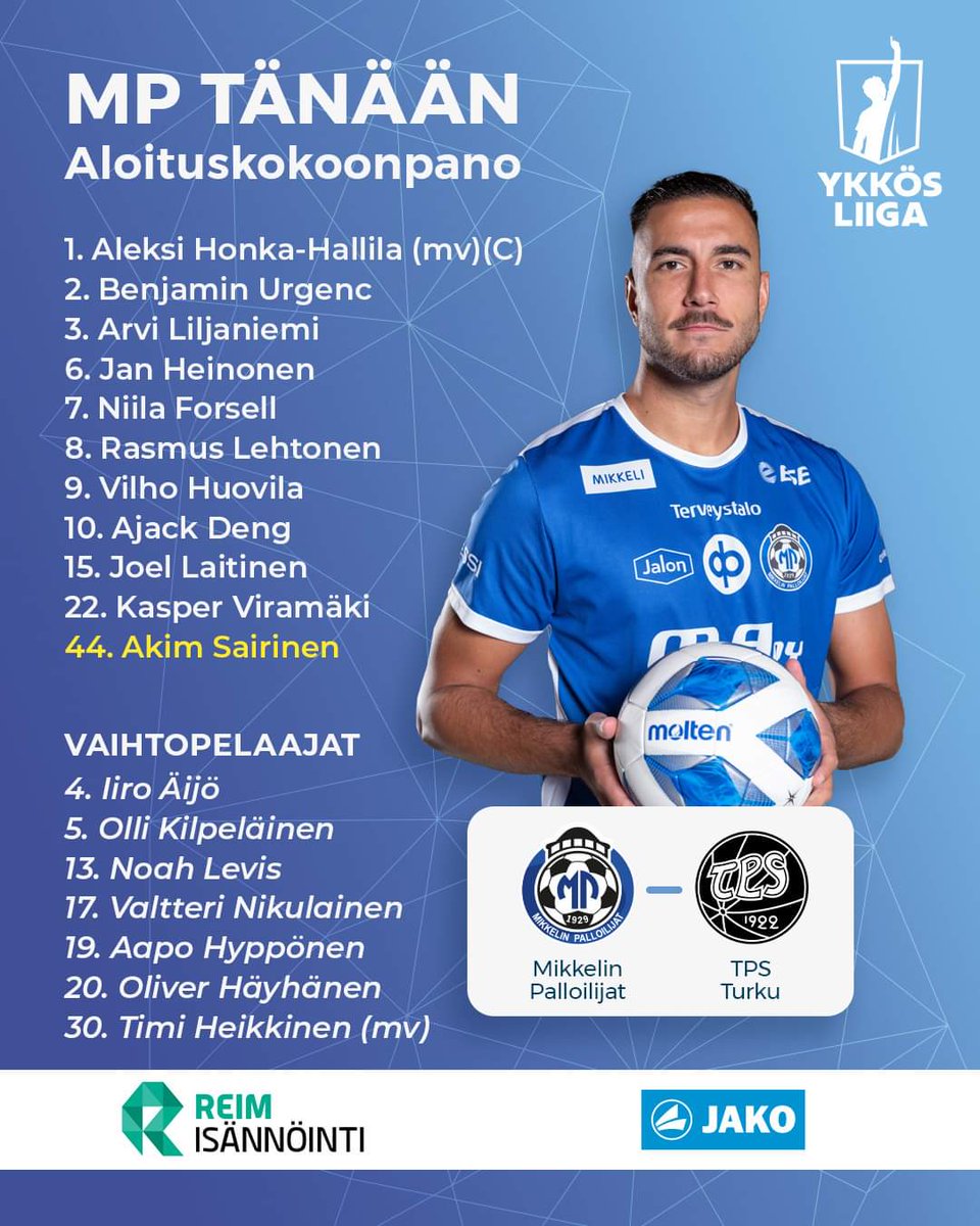 Kokoonpanomme tänään! 💙

#Ykkösliiga #sinisetpelaa #MP1929