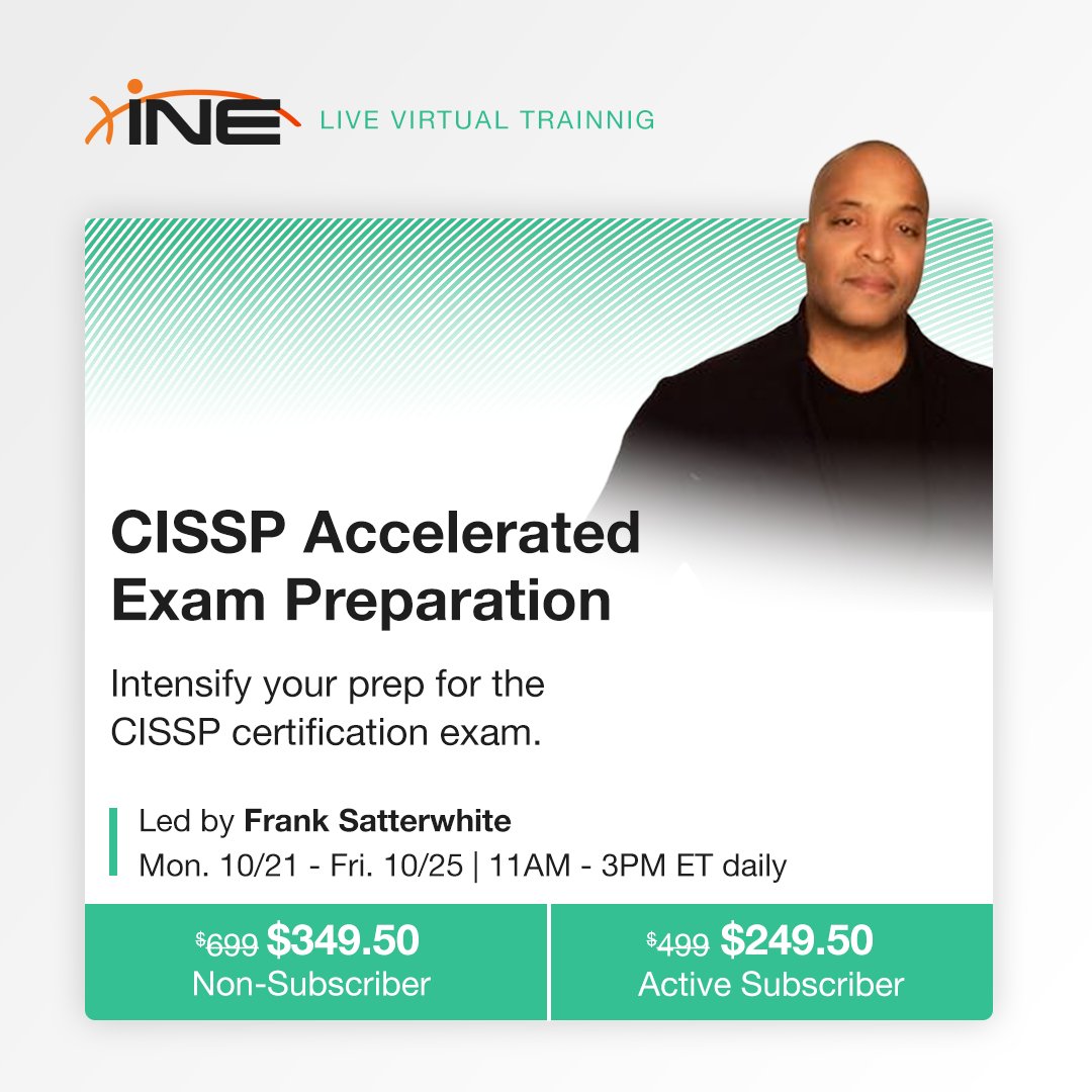 ine's tweet image. Today is your LAST CHANCE to save on an INE #LiveVirtualTraining in October! Sign up today for in-depth, interactive #training with an INE instructor at half the cost. Register before it's too late! bit.ly/4dttZJD

#cybersecurity #certification #ccna #cisco #cissp