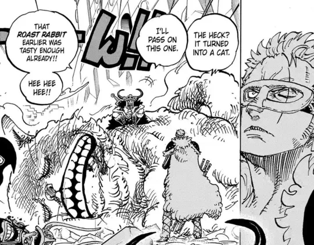 Leleo2211's tweet photo. Viz just confirmed this is indeed a hallucination

Luffy: "I'll pass on this one. That roast rabbit earlier was tasty enough already!!"

The real Luffy would never turn down more food obviously a fake. https://t.co/6Z7FXd5KD6
