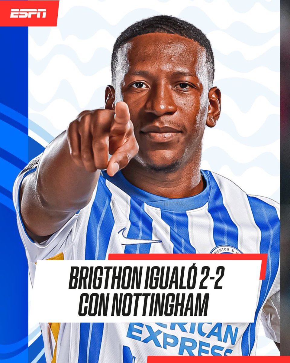 ESPNEcuador's tweet photo. 🚨¡FUE EMPATE EN CASA! 

#Brighton igualó 2-2 con el #Notttingham, por la fecha 5 de la #PremierLeague.

Fue la primera titularidad de 🇪🇨 Pervis Estupiñán en la #Premier, luego de superar su lesión. Jugó hastas el minuto 80. https://t.co/YME5S64eFt