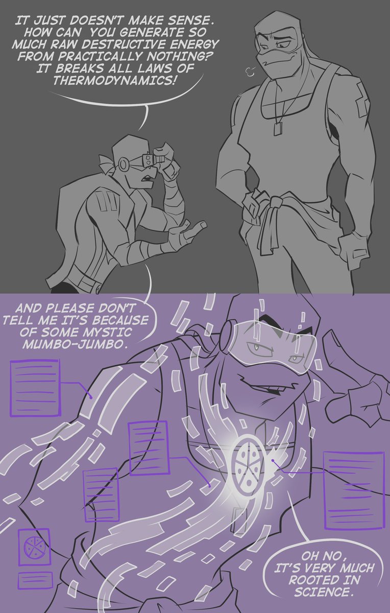 kittykathaynes's tweet photo. Finally finished the 1st place prize commission for the Holiday Special Contest! @/abbeyofcyn on Tumblr was the winner &amp; wanted teen Donnie from their Krang Infection AU interacting with Replica Donnie. So I decided to do a little comic of Replica showing him the ropes! #rottmnt https://t.co/Boey8RvJv9