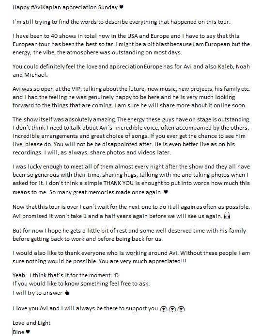bine_80's tweet photo. Happy #AviKaplan appreciation Sunday ♥

I tried to put into words everything that happened on this tour. I hope it´s readable :D 

I feel so grateful and I know how fortunate I am to be able to do all of this. And I promise I don´t take it for granted🙏
#Feelalrighttour #Europe https://t.co/Y0IThLVW8x