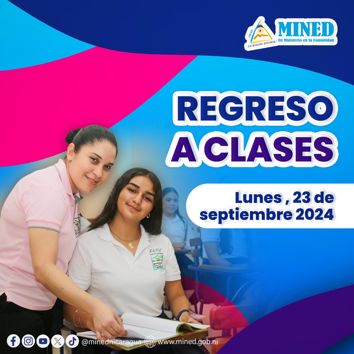 minednicaragua's tweet photo. Este lunes 23 de septiembre 2024, regresamos a clases en todos los centros educativos del país. 📚✏️ https://t.co/Rx3jo7bjAC