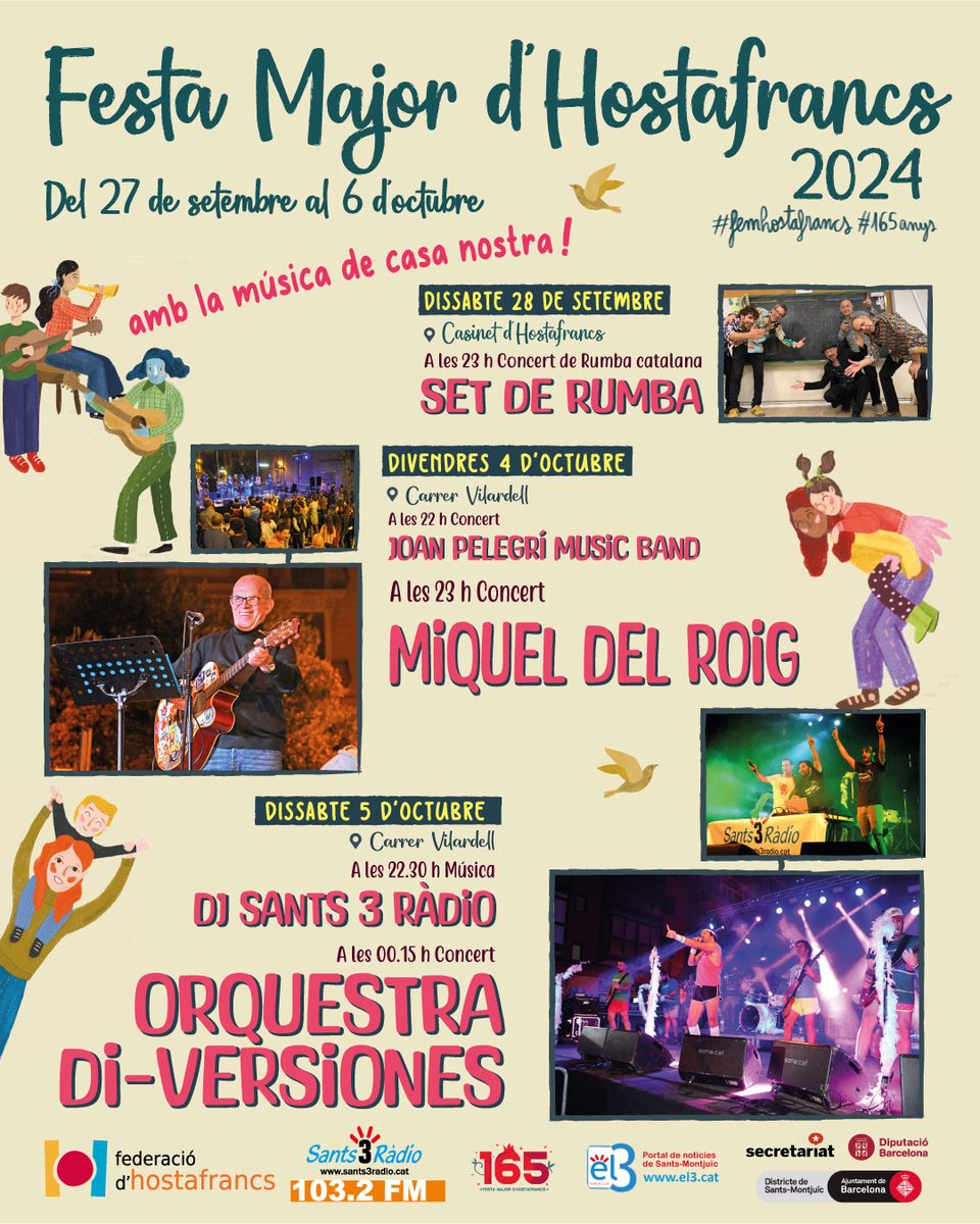 sants3radio (@sants3radio) on Twitter photo Menys d'una setmana i comencem, preparats pels concerts de la #Festa #Major d'#Hostafrancs 2024?🎸🎶
Aquest any <a href="/di_versiones/">orquestradiversiones</a>, <a href="/MiqueldelRoig/">Miquel del Roig</a>, #SetDeRumba, la banda <a href="/joanpelegricat/">Escola Joan Pelegrí</a> i dj <a href="/sants3radio/">sants3radio</a>.
Tots els horaris i ubicacions al cartell👇
#GanesDeFestaMajor <a href="/FMHostafrancs/">FMHostafrancs</a> Menys d'una setmana i comencem, preparats pels concerts de la #Festa #Major d'#Hostafrancs 2024?🎸🎶
Aquest any <a href="/di_versiones/">orquestradiversiones</a>, <a href="/MiqueldelRoig/">Miquel del Roig</a>, #SetDeRumba, la banda <a href="/joanpelegricat/">Escola Joan Pelegrí</a> i dj <a href="/sants3radio/">sants3radio</a>.
Tots els horaris i ubicacions al cartell👇
#GanesDeFestaMajor <a href="/FMHostafrancs/">FMHostafrancs</a>