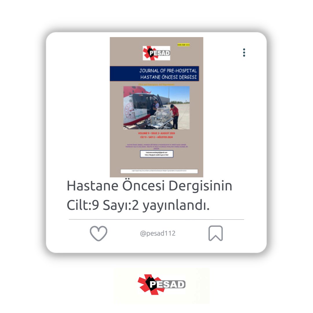 pesadtr's tweet photo. Dergimizin yeni sayısında 4 araştırma makalesi, 1 derleme ve 1 editöre mektup olmak üzere 6 çalışma yayınlanmıştır. Hastane Öncesi Dergisinin bundan sonraki sayıları için değerli çalışmalarınızı biyografide bulunan dergi sitesine yükleyebilirsiniz. https://t.co/8JvZqmhF2Q