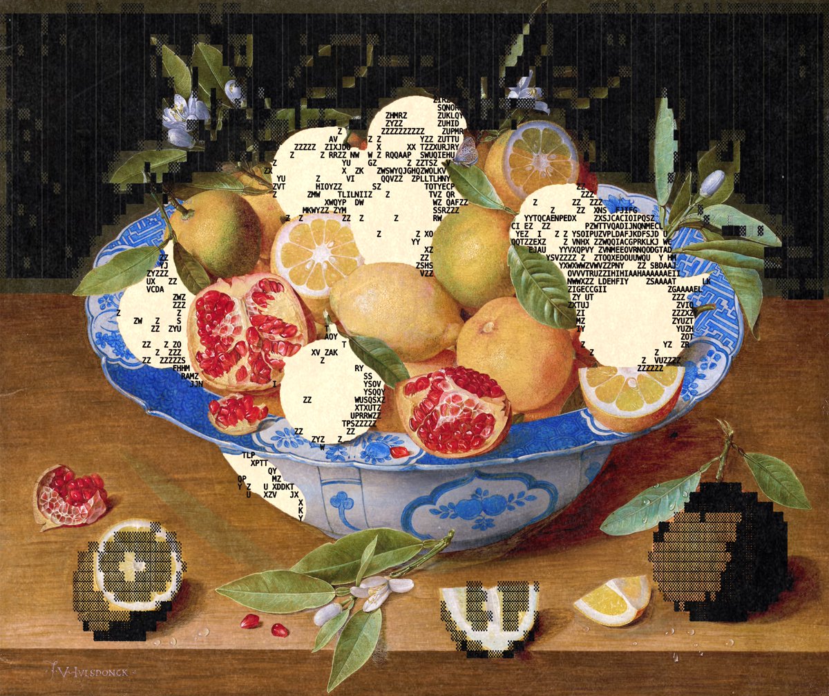 a painting modified by ascii elements.