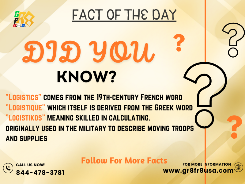 Gr8Fr8USA's tweet photo. Did you know the word 'logistics' has a military history?
Who knew that logistics had such a historical pedigree? It's like a military strategist's secret code word!

#gr8fr8usa #logistics #freight #supplychain #AI #blockchain #technology #shipping #freightfact https://t.co/0fDOvcPNbf