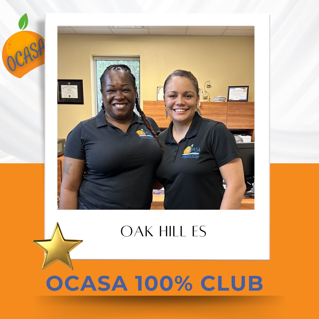 The OCASA 100% Club membership grows with the incredible Oak Hill Elementary School! Congrats to Assistant Principal Shartrelle Kelly and Principal Joyce Conley!