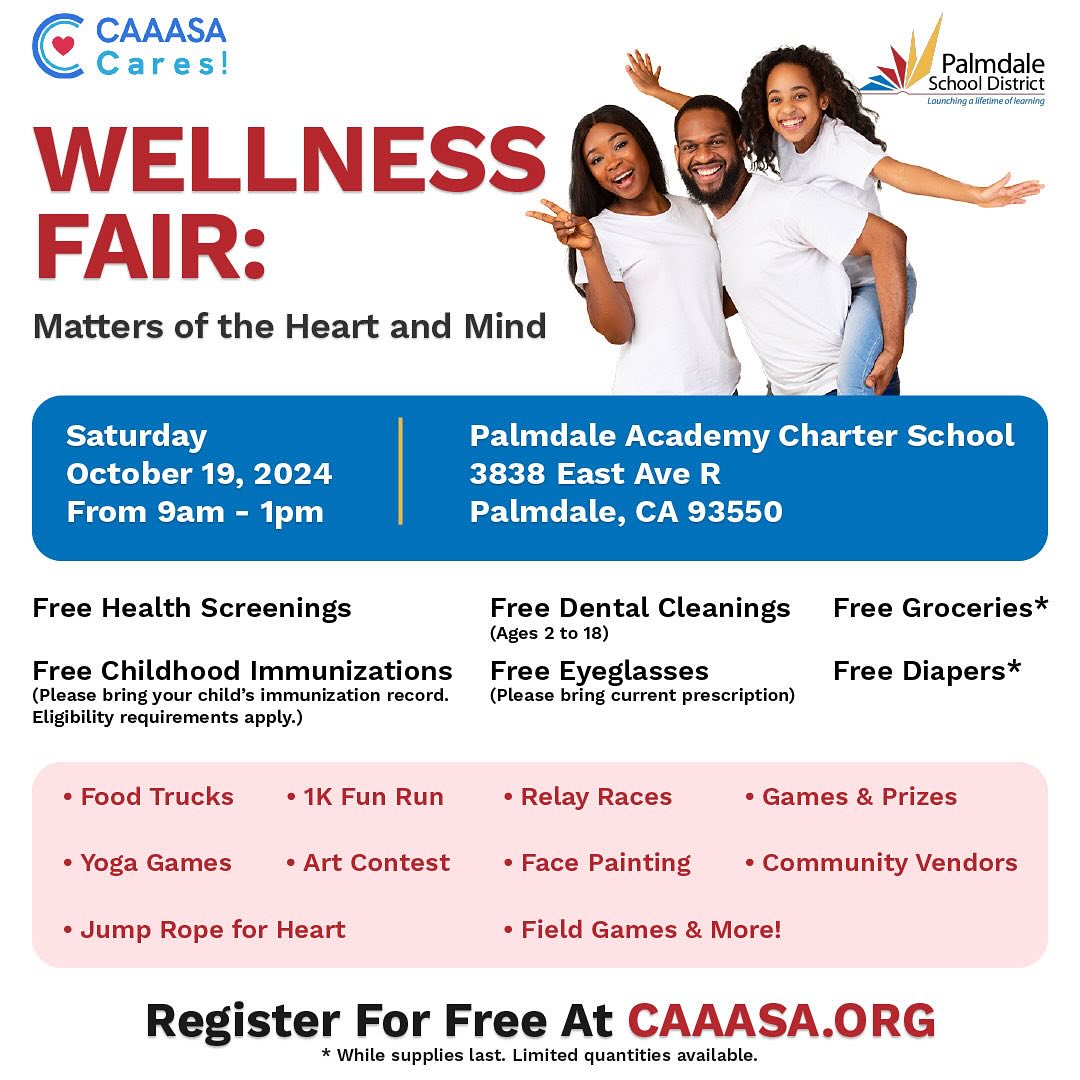 theCAAASA's tweet image. Join us in Palmdale for the CAAASA CARES Health &amp;amp; Wellness Event! We’re offering FREE health screenings, dental  cleanings, groceries, eyeglasses, and childhood immunizations. Register at caaasa.org  #CAAASACares #HealthAndWellness