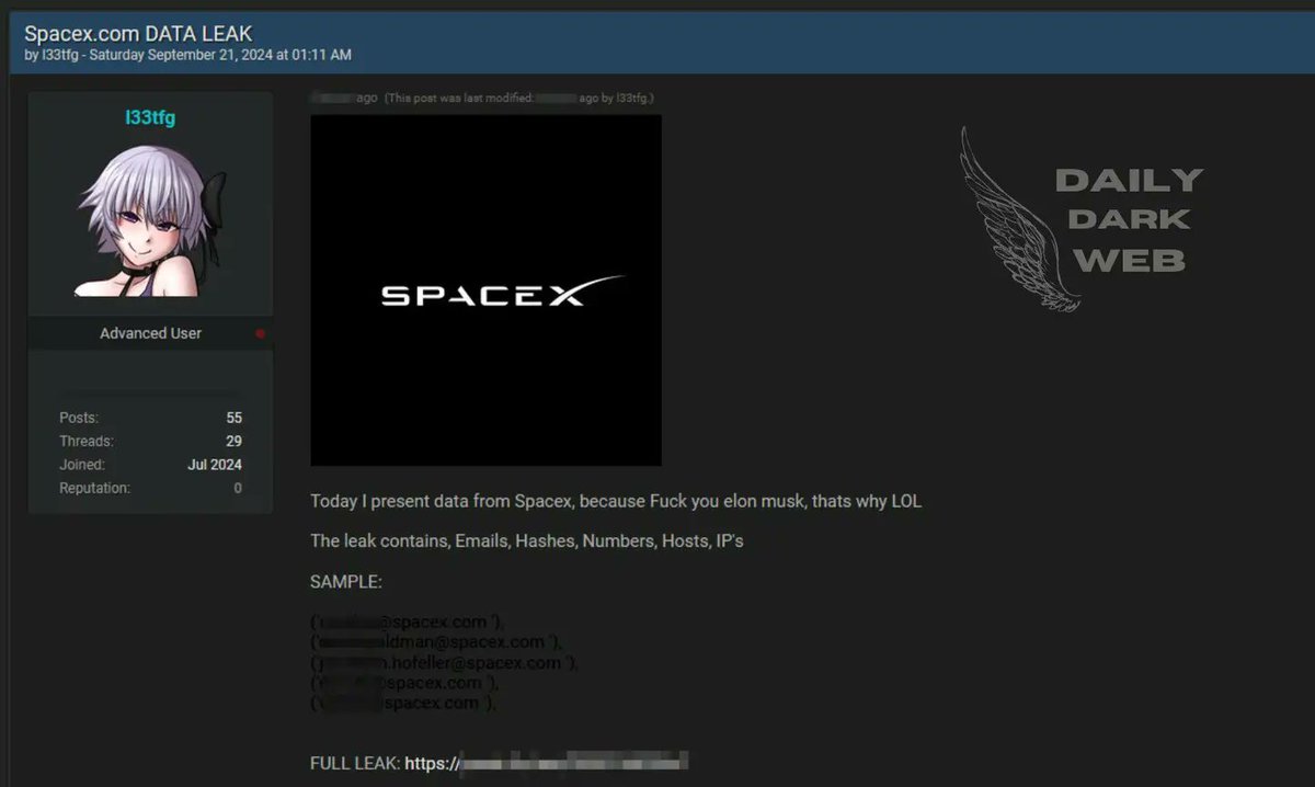 j_papadi's tweet photo. #USA ￼ - Threat Actor Claims to Leak SpaceX Data Containing Emails, Hashes, and IPs 
@SpaceX @elonmusk https://t.co/E2EnY5RXeY