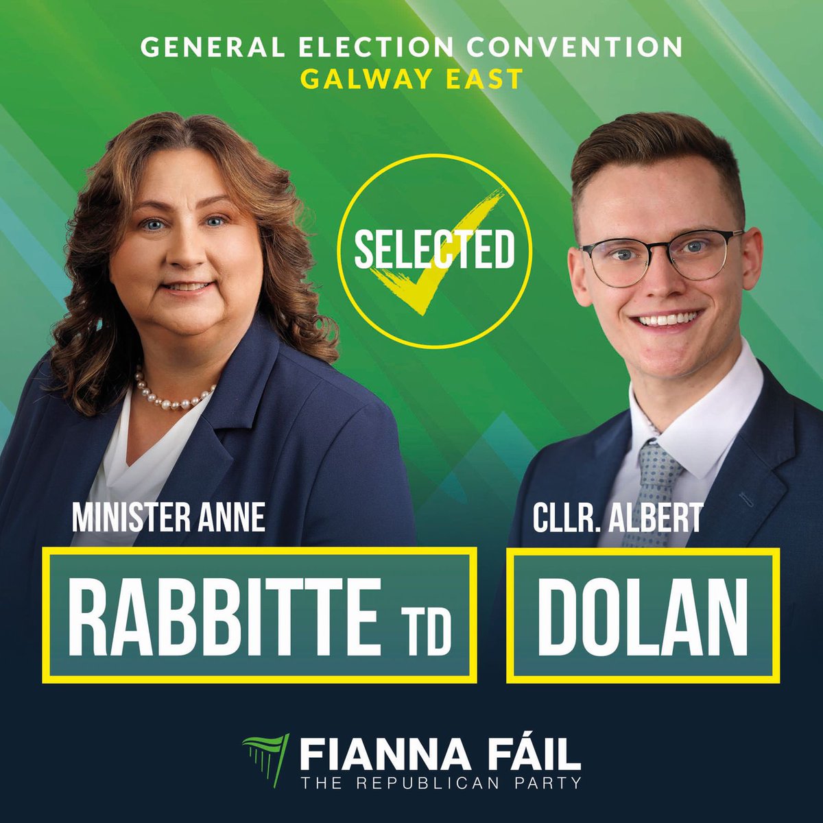 Fianna Fáil (@fiannafailparty) on Twitter photo Congratulations to Minister <a href="/AnneRabbitte/">Anne Rabbitte</a> and Cllr. <a href="/albertdolan_/">Albert Dolan TD</a> on being selected at the Galway East General Election Convention this evening. Congratulations to Minister <a href="/AnneRabbitte/">Anne Rabbitte</a> and Cllr. <a href="/albertdolan_/">Albert Dolan TD</a> on being selected at the Galway East General Election Convention this evening.