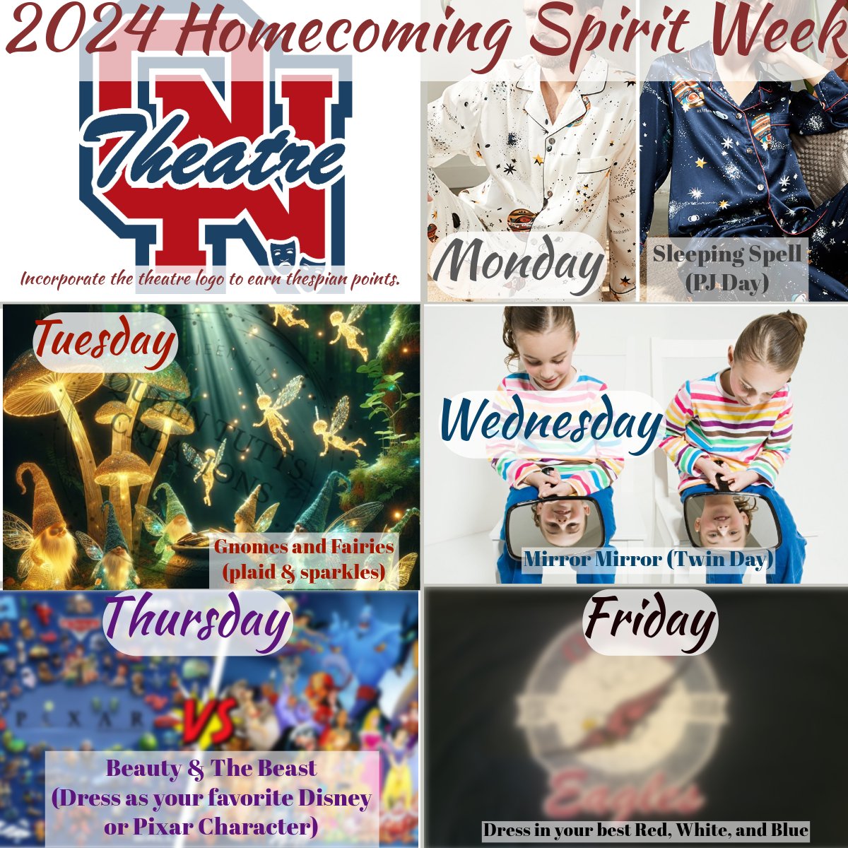 Olathe North Theatre (@onhstheatre) on Twitter photo HOCO '24 SPIRIT WEEK!
include the Theatre Logo in your outfit and earn .2 Thespian points per day!
Mon: PJs
Tues: Plaid and Sparkles
Wed: Twin Day
Thurs: Disney or Pixar Character)
Fri: Red, White, and Blue
Plan your days and show your spirit!
#ONTHTRE2425 #ONHOCO24 <a href="/onhsstuco/">Olathe North Student Council</a> HOCO '24 SPIRIT WEEK!
include the Theatre Logo in your outfit and earn .2 Thespian points per day!
Mon: PJs
Tues: Plaid and Sparkles
Wed: Twin Day
Thurs: Disney or Pixar Character)
Fri: Red, White, and Blue
Plan your days and show your spirit!
#ONTHTRE2425 #ONHOCO24 <a href="/onhsstuco/">Olathe North Student Council</a>