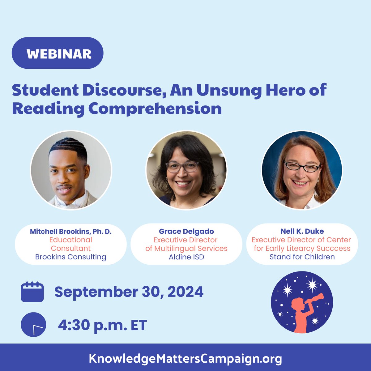 Knowledge Matters Campaign (@knowledgematrs) on Twitter photo We're excited to welcome <a href="/MitchellBrookns/">Mitchell Brookins, Ph.D.</a>, <a href="/delgadong94/">Altagracia H Delgado</a>, and <a href="/nellkduke/">Nell K. Duke</a> along with host <a href="/mcglynn3/">Kristen McQuillan</a> to our next webinar: "Student Discourse: An Unsung Hero of Reading Comprehension!"
👉 Register Now: bit.ly/3MSgVCD We're excited to welcome <a href="/MitchellBrookns/">Mitchell Brookins, Ph.D.</a>, <a href="/delgadong94/">Altagracia H Delgado</a>, and <a href="/nellkduke/">Nell K. Duke</a> along with host <a href="/mcglynn3/">Kristen McQuillan</a> to our next webinar: "Student Discourse: An Unsung Hero of Reading Comprehension!"
👉 Register Now: bit.ly/3MSgVCD