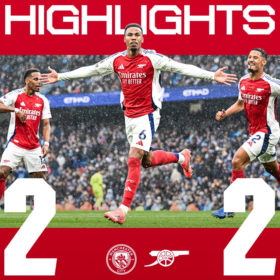 Arsenal 'HIGHLIGHTS' graphic featuring player #6 Gabriel celebrating a goal with arms outstretched, with the score 2-2 displayed against Manchester City.